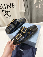 PRA CROCODILE MOTIF STRAP SLIDES SANDALS BLACK AND LAPIS CALFSKIN