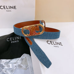 CELINE 25S BELT TRIOMPHE TAURILLON 25MM IN BROWN CALFSKIN AND DENIM 558352