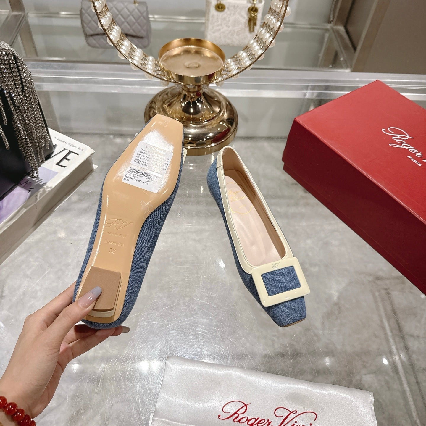 ROGER VIVIER 25S TROMPETTE BALLERINAS 25MM IN BLUE DENIM