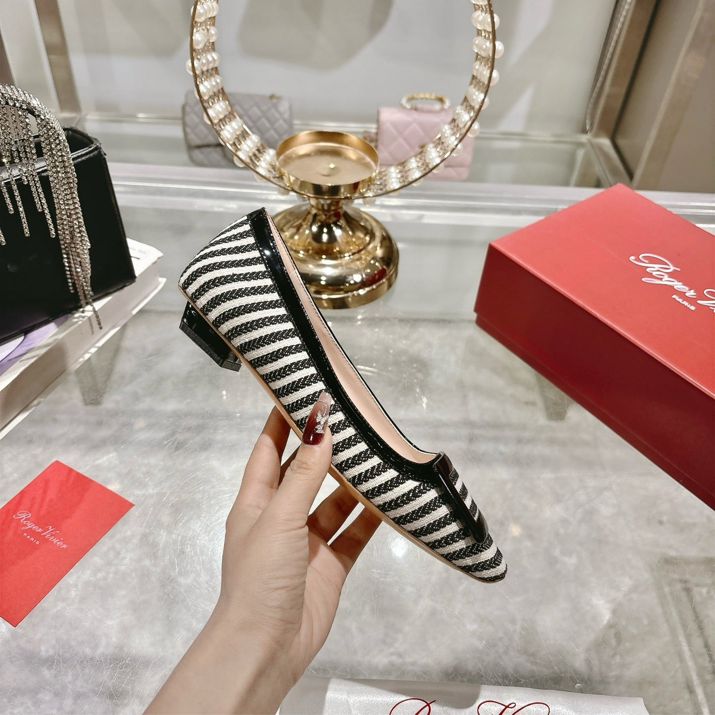 ROGER VIVIER 25S TROMPETTE BALLERINAS 25MM IN BLACK PLAID PATTERN CANVAS