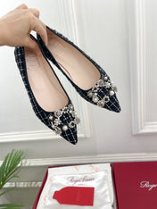 EFFLORESCENCE BALLERINAS IN BLACK TWEED WITH FINE WHITE STRIPES EMBELLISHED CRYSTALS