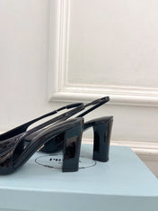 SQUARE TOE SLINGBACK PUMPS IN BLACK GLOSSY CALFSKIN