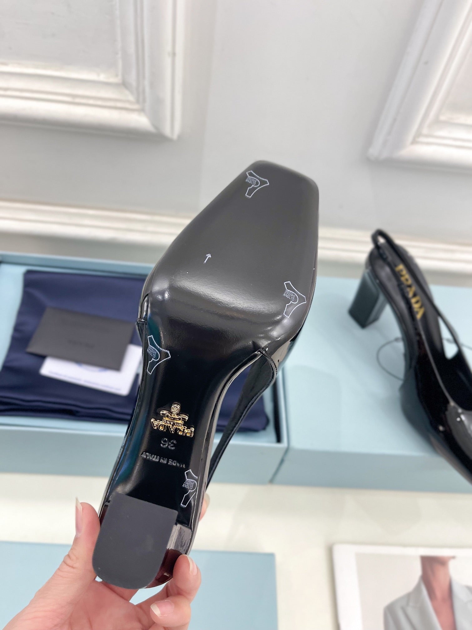 SQUARE TOE SLINGBACK PUMPS IN BLACK GLOSSY CALFSKIN