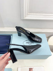 SQUARE TOE SLINGBACK PUMPS IN BLACK GLOSSY CALFSKIN