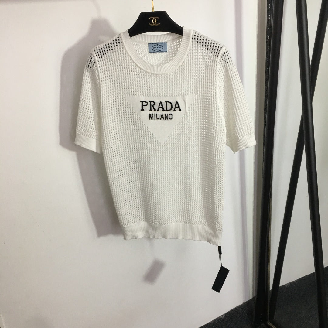 PRADA 25S SHORT-SLEEVE MESH KNIT PULLOVER SWEATER 292