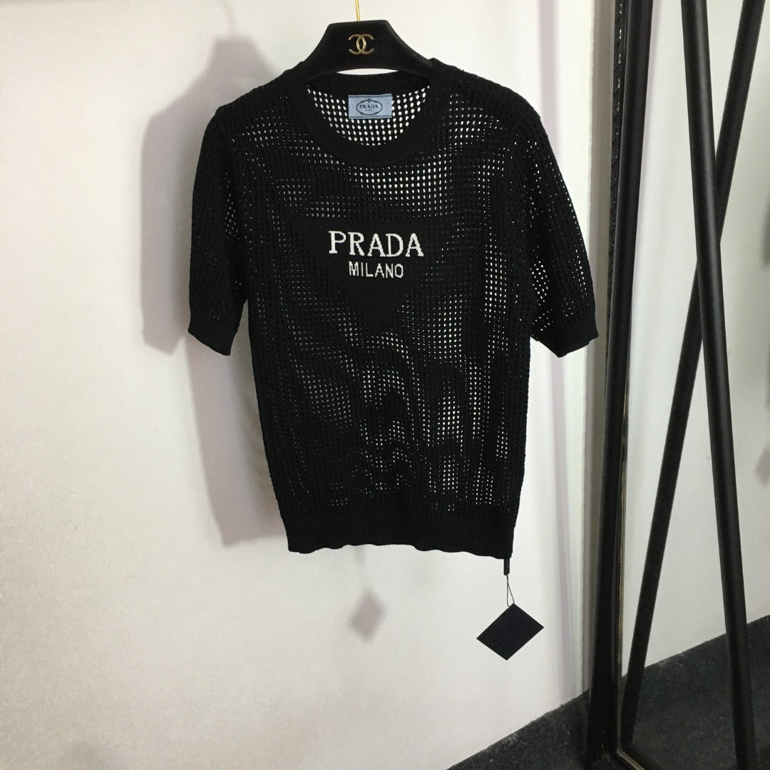 PRADA 25S SHORT-SLEEVE MESH KNIT PULLOVER SWEATER 291