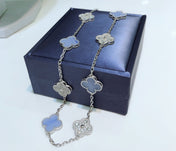 CLOVER 10 MOTIFS CHALCEDONY DIAMONDS SILVER NECKLACE