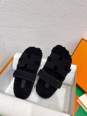 Chypre Sandal Black shearling insole Black Velvet leather lining