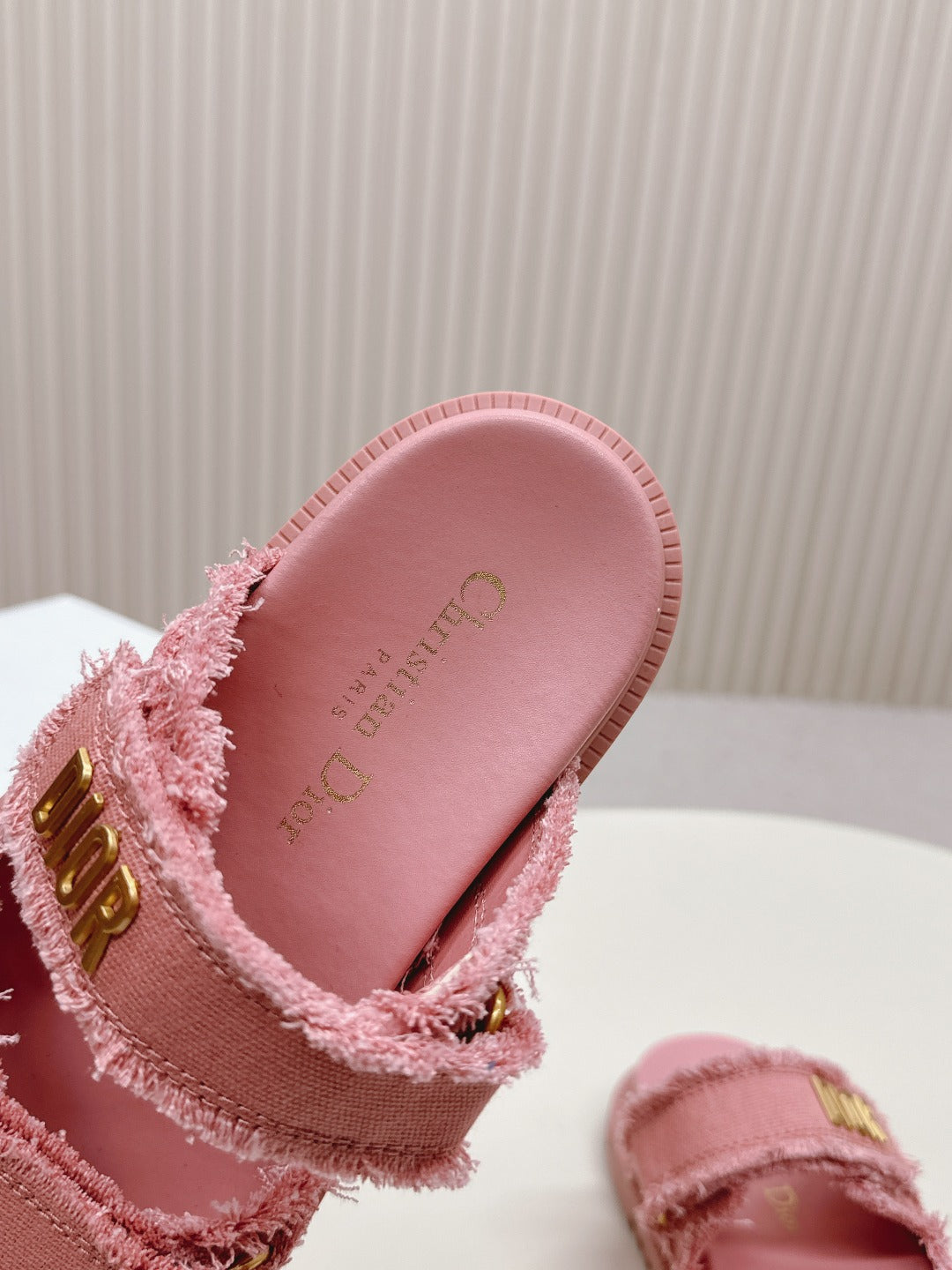 DIOR CLASSIC DOUBLE-STRAP SLIDES 25S IN PEACHY PINK DENIM AND CALFSKIN